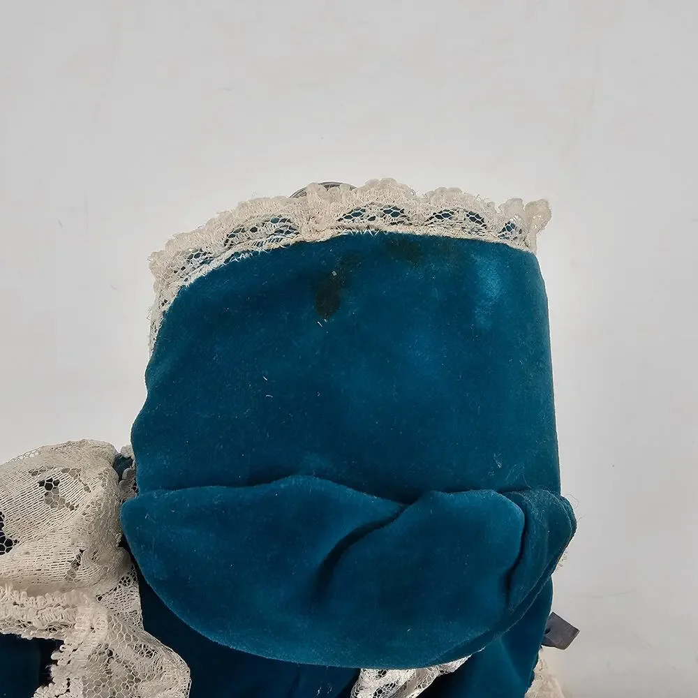 Rare Fine China Head Doll Blue Victorian Velvet & Lace Dress Circa 1980s 17